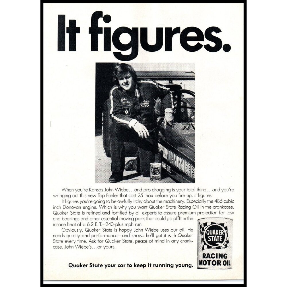1974 Quaker State Racing Motor Oil Vintage Print Ad John Wiebe Race Car Wall Art